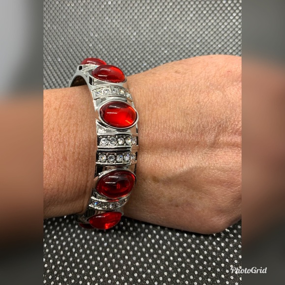 Simulated Ruby & Austrian Crystal Bangle Bracelet - Picture 1 of 5